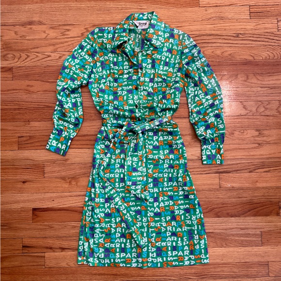 Vintage Dresses & Skirts - Vintage Green, Purple, Orange, Blue Vibrant PARIS letter patterned Shirt Dress